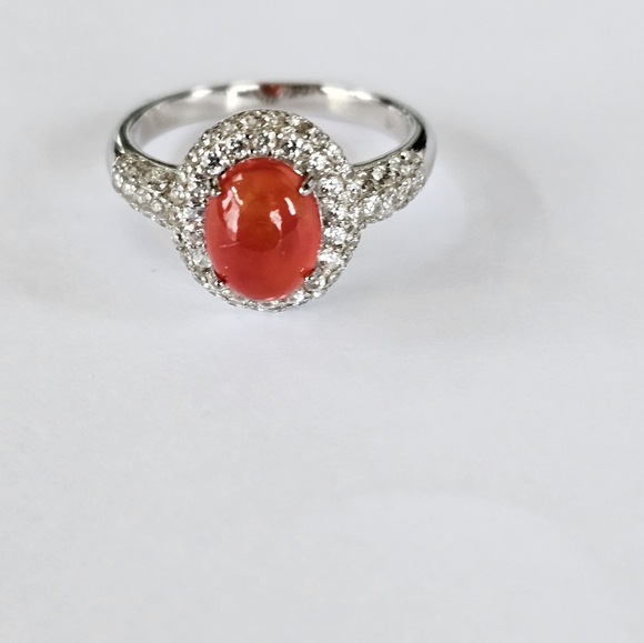 Genuine Mexican Fire Opal & White Zircon Ring in Sterling Silver Sz 8! - Picture 3 of 6
